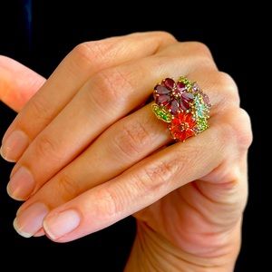 Sterling silver yellow gold vermeil multi gemstone flower and butterfly ring